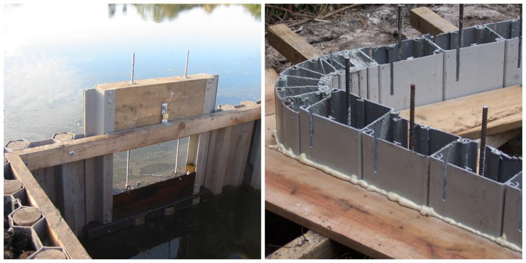 two examples showing plastic piling is use with concrete or posts