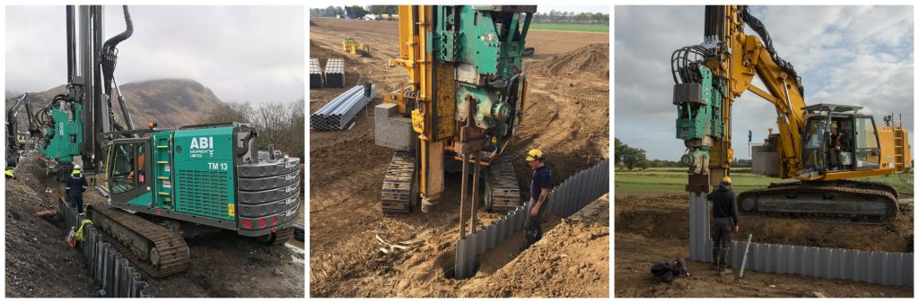 The photo show three images of plastic sheet piling being installed using large machinery