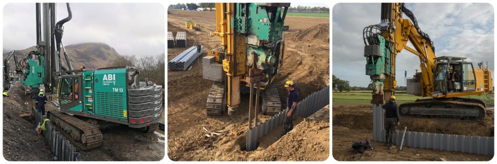 This photo montage shows examples of plastic sheet piling being installed with large machinery